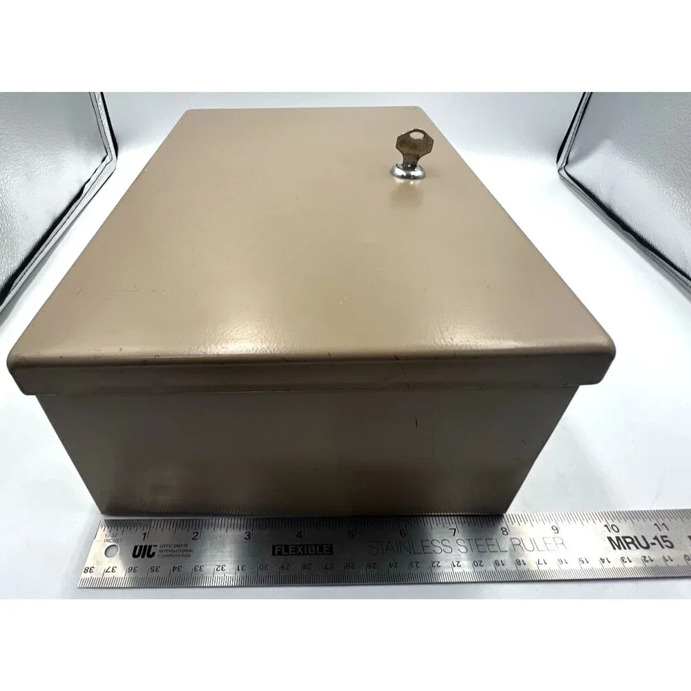 Security Cash Box Vintage Rockaway Metal Lock Chest Tan w/ 2 Keys Inwood NY